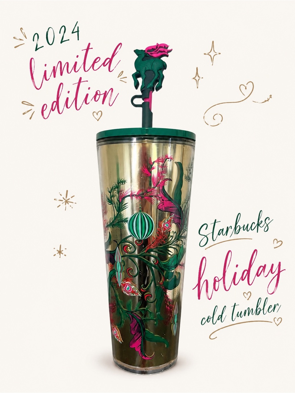 Starbucks 2024 Limited Edition Gold Holiday Tumbler Peacock Edition